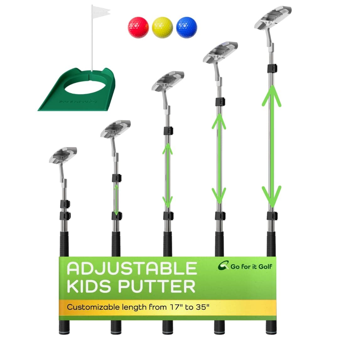 Kids Putter with Extendable Shaft for Junior Golfers Includes 3 Balls, Cup with Flag - Silver, 17"-35"