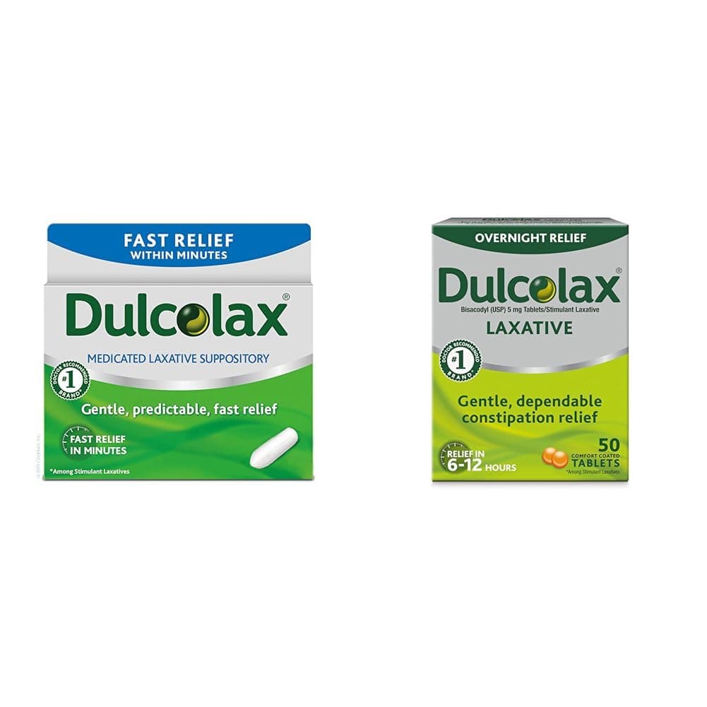 Dulcolax Fast Relief Medicated Laxative Suppositories Fast Relief, Rectal Use Only, Bisacodyl, 10 mg & Overnight Relief Laxative for Gentle Constipation Relief, Bisacodyl 5 mg Tablets, 50 Count