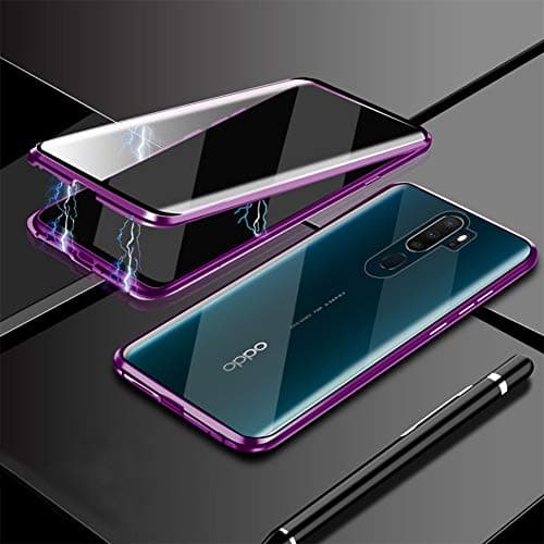 Case for Oppo A9 2020 Cover Magnetic Adsorption Tech Front Back Tempered Glass Unibody Design Powerful Magnets Built-in Frame Shockproof Metal Flip Cover, Purple