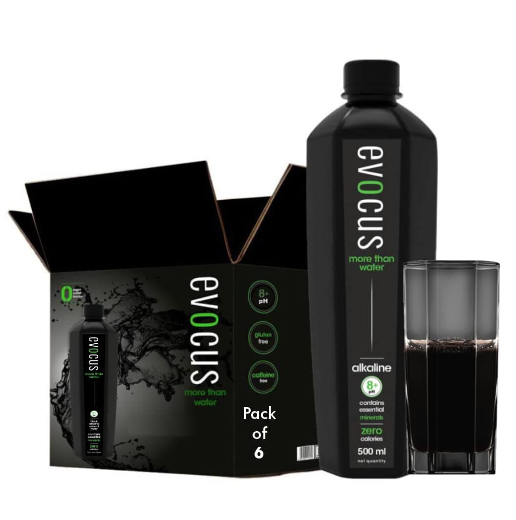 Evocus Black Alkaline Drink 500ml - 8+ pH, 4X Superior Hydration, Essential Minerals, Zero Calories, Caffiene, Sugar| Clinically Proven Benefits | Yes, it works. | Pack of 6 | 500 ml