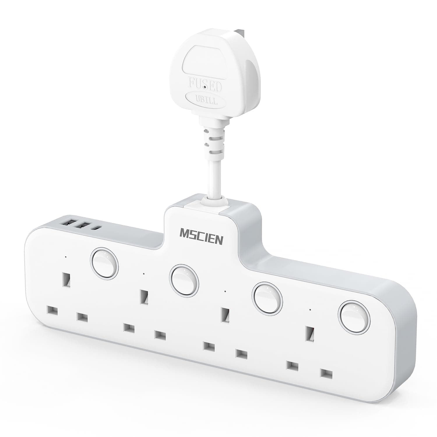 Mscien 5CM 4 Outlet Extension Lead with USB (1 Type-C), Multi Plug with Switches 4 Way Plug Adapter,Multi Adaptor Wall Socket Extender for Home, Office, Multiplug Socket Extension