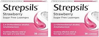 Sore Throat Lozenges, Strawberry, 36 Total, Sore Throat Relief, Throat, Effective Relief, Fights Germs, Relieves Throat Pain, Works in 5 Minutes, Sore Throat, Medication (Pack of 2)