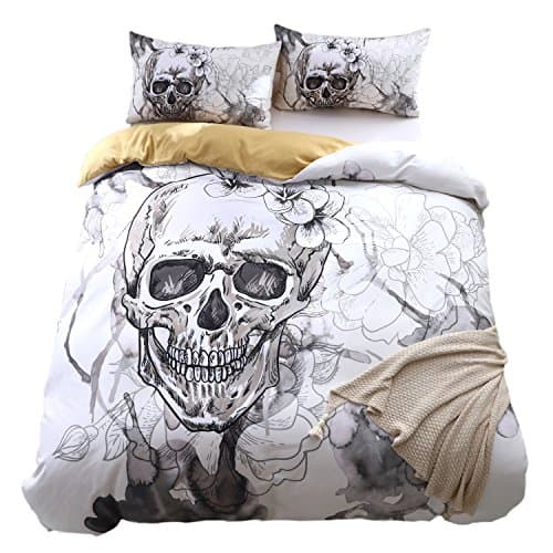 KTLRR Skull Bedding Set,Polyester Fully Modern Flower Skull Gray and Black Duvet Cover Set, Twin Size Decorative 2 Pieces Bedding with 1 Pillow Shams,No Comforter (Skull B, Twin 2pcs)