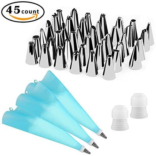 Yoassi 45 Pcs Cake Decorating Tips Kit,Stainless Steel DIY Piping Tips Set with 3 Reusable Silicone Pastry Bags,2 Couplers,Storage Case,Professional Decorating Tips for Cakes Fondants Cupcakes Pies