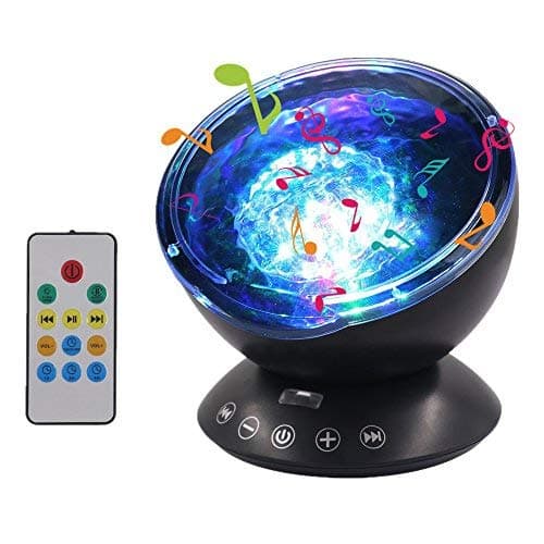 Songsun Remote Control Ocean Wave Projector Mood 7 Colors Night Light with Built-in Mini Music Player for Living Room and Bedroom (12 LED Black), 12.813.214.4