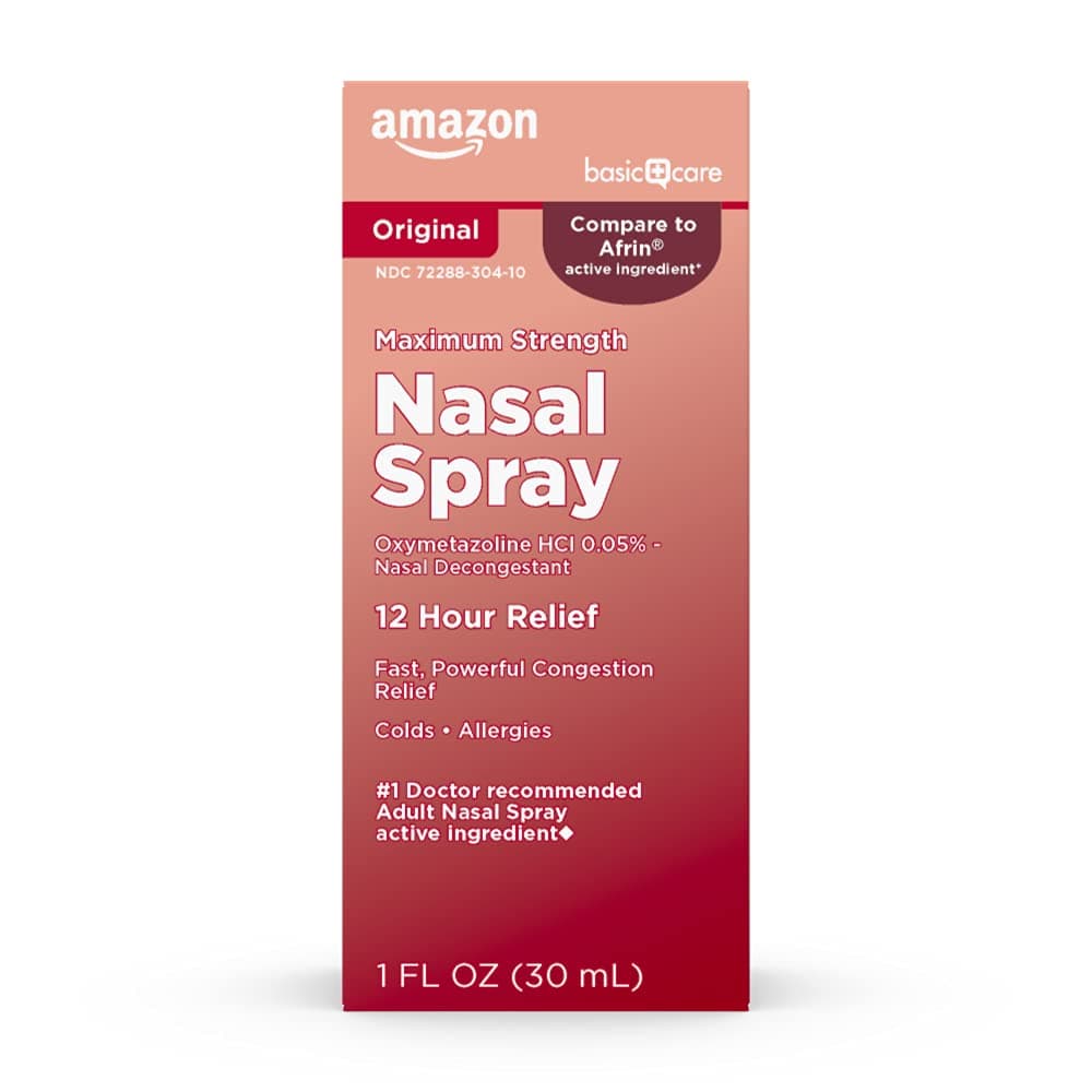 Amazon Basic Care Maximum Strength 12 Hour Nasal Spray, Oxymetazoline HCl Solution, Sinus Pressure Relief, Cold and Allergy Medicine, Decongestant, 1 fl oz (Pack of 1)