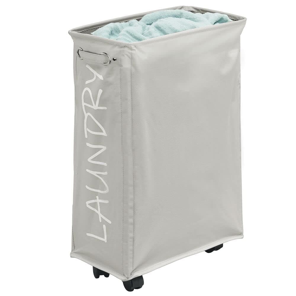 mDesign Laundry Hamper — Collapsible Clothes Hamper with Wheels — Tall Laundry Basket for Bedrooms, Bathrooms, Utility Rooms — Light Grey/Black