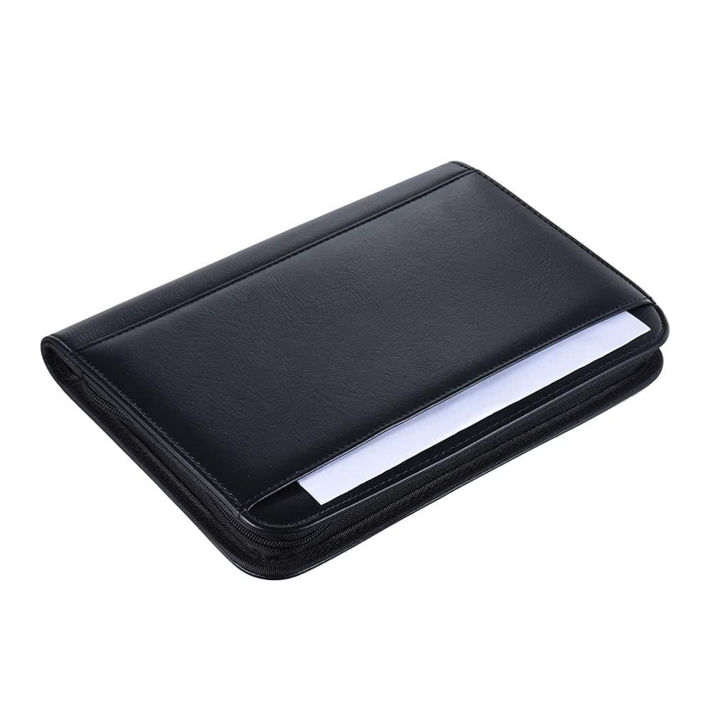 Portable Professional Business Portfolio Padfolio Folder Document Case Organizer A5 PU Leather Zippered Closure with Calculator Card Holder Memo Note Writing Pad