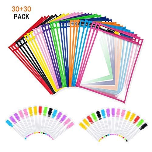 WONYERED 30-Pack Dry Erase Pockets Reusable PET Materials Oversized Size 10X13 Inches and 30PCS Dry Erase Tool for Children Early Education Learning Office Teaching Supplies School Appliance