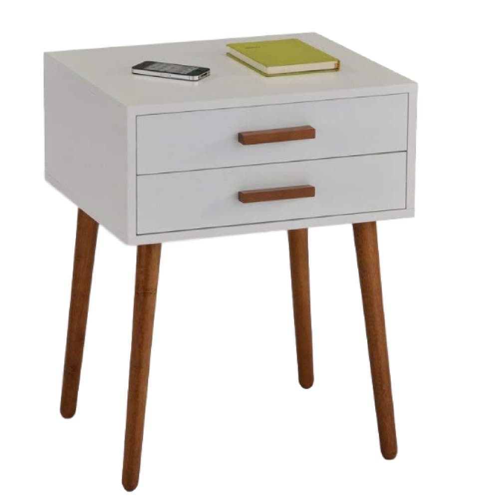 Mid Century Nightstand White Retro Simplistic End Table Simple Modern with Two Drawers Small Furniture Storage for Living Room Bedroom Contemporary Classic Minimal and eBook by NAKSHOP