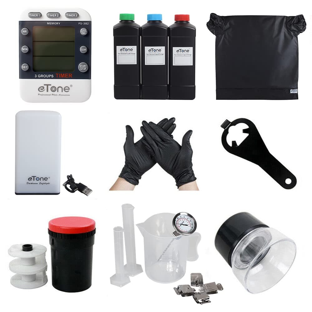 eTone Darkroom Developing Equipment Kit Film Processing 120 135 35mm Color B&W Film Film Changing Bag Developing Tank