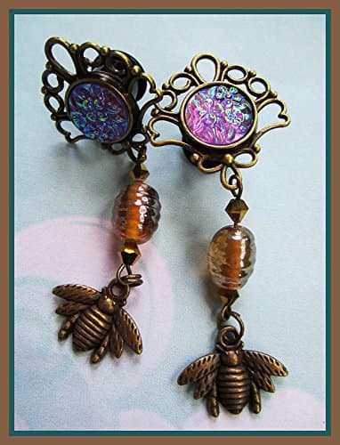 Bronzed Bee and his Hive stretched dangle unique earrings EAR PLUG you pick the gauge size 2g, 0g, 00g, 7/16", 1/2" aka 6, 8, 10, 12mm
