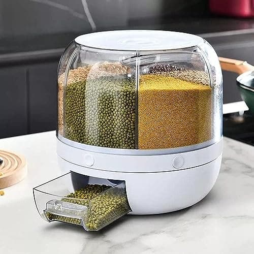 Rice Dispenser 6-Grid Rice Storage Container, Rice & Grain Storage Container Rotating Rice Storage Bucket One-Click Round Rice Output for Grains, Snacks, Dog Food, Coffee Beans