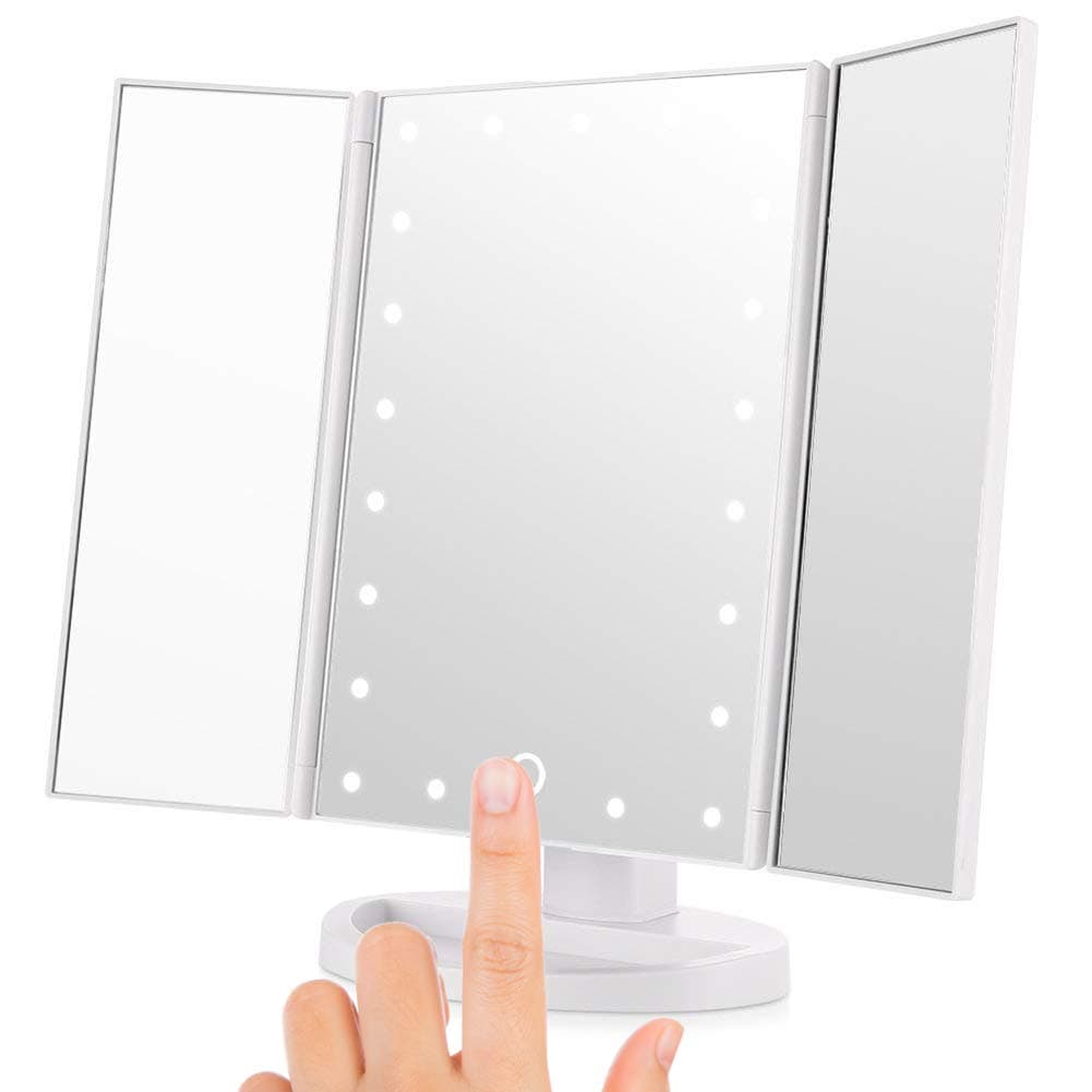 Kricson Tri-Fold Lighted Makeup Mirror with 21 LED Lights 1X/2X/3X Tri-Fold Magnifying Vanity Makeup Mirror with Touch Screen On/Off Cosmetic Folding Illuminating Portable HD Travel Mirror (White)