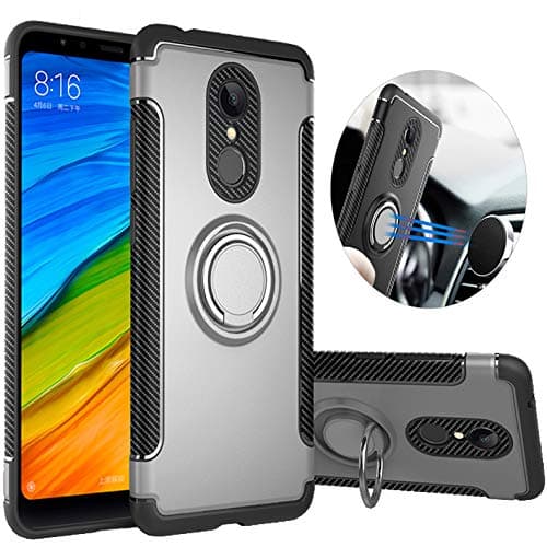 Qseel for Xiaomi Redmi 5 Plus Ring Armor Case, TPU+PC Hybrid Shockproof Back Cover with Built-in Magnetic Suction Holder, Sturdy Bumper Defender (Silver)