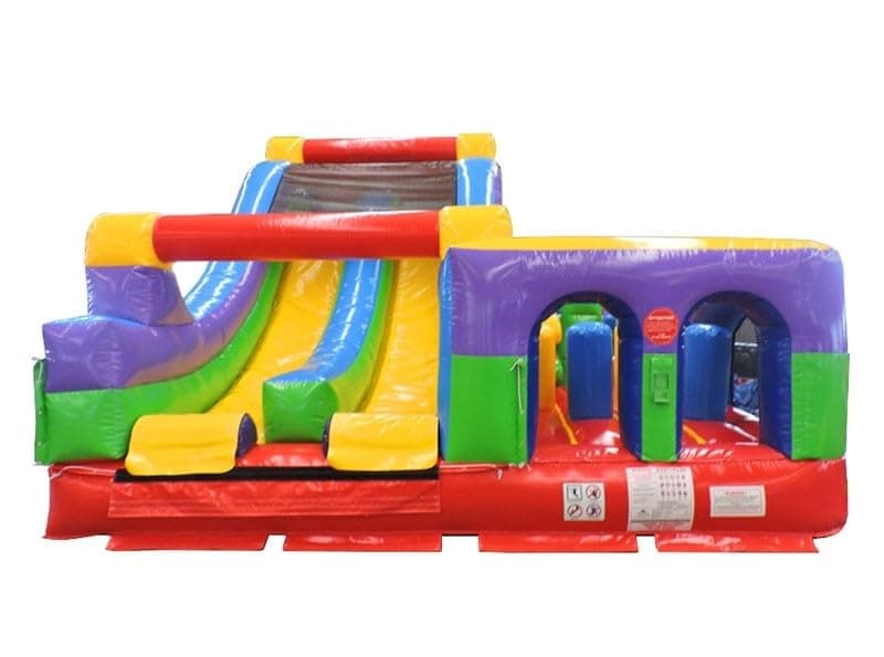 29'L Radical Run Inflatable Obstacle Course with Climbing Wall, Retro Rainbow, 16' Wide x 15' Height, Commercial Grade Interactive Bounce House, Includes: Blower and Stakes