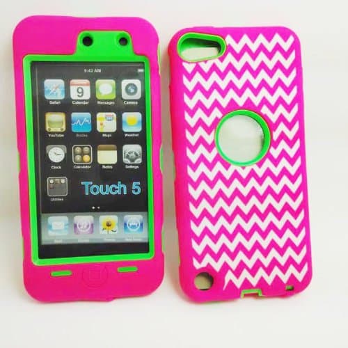 DELUXE Wave Pattern Hybrid Rubber Silicone Cover Case For iPod Touch 5 5th 5G, Wavy Line Print Hard Soft High Impact Hybrid Armor Case Combo for iPod Touch 5 5th Generation, Hybrid 3 PIECE Body Armor PROTECT CASE COVER SKIN FOR IPOD TOUCH 5 5TH. (Pink+Green)