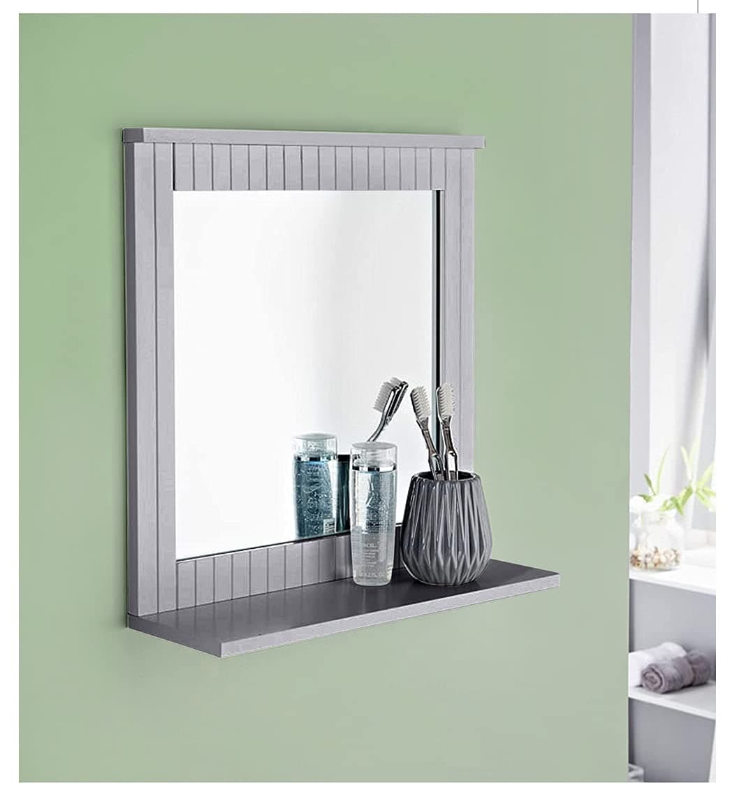Grey Wall‑Mounted Bathroom Mirror & Shelf – 40 cm Vanity Mirror with Cosmetics Shelf, Moisture‑Resistant MDF