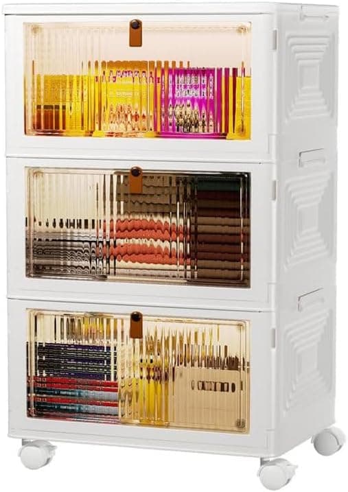 3 Tier Plastic Storage Bins with Lids 35QT, Stackable Storage Containers with Wheels, Folding Storage Boxes, Extra Large Collapsible Storage Bins, White