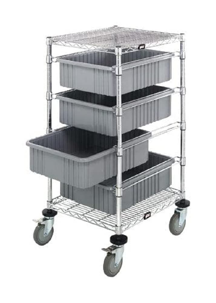 Quantum Storage Systems BC212434M1GY Wire Bin Cart with 4 DG93060 Gray Bins, Chrome Finish, 45" Height x 24" Width x 21" Depth