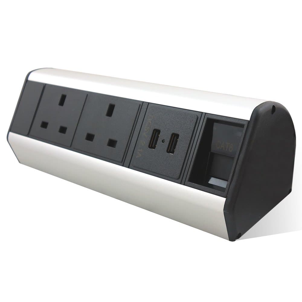 LMS Desktop Bench Mountable PDU 2 x UK Sockets & 2 x USB And 1 x RJ45 Ethernet Ports Clamp Type Power Pod (2W-2U-RJ45)