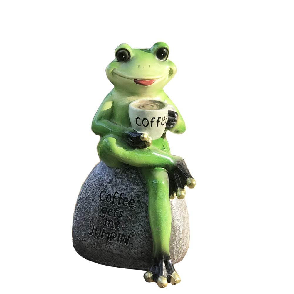 Creative Green Frog Sitting on Stone Statue Drinking Coffee Indoor Outdoor Garden Statue Decoration Collectible Frog Figurine Statue Model Sculpture (6" Frog On Stone)