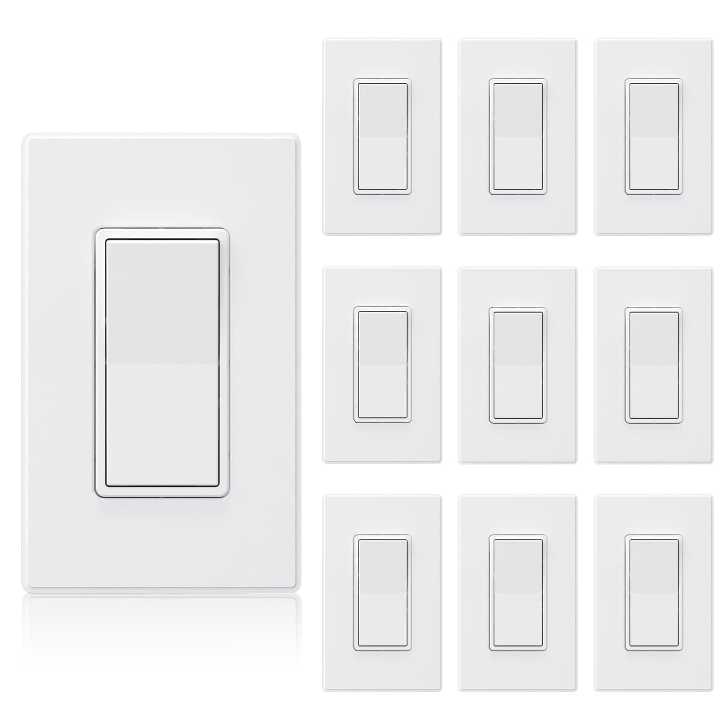 ELEGRP Matte White 3 Way Decora Light Switch with Plate, 15 Amp, 120/277 Volt, AC Decora Rocker Paddle Wall Switch Replacement, Self-Grounding, Residential Grade, w/Wall Plate, UL Listed (10 Pack)