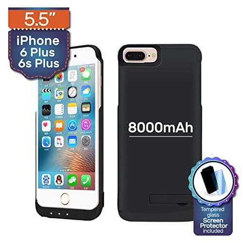 NRO Battery Case for iPhone 6 PLUS / 6s PLUS ONLY (5.5 Inch, NOT 4.6 Inch) Upgraded 8000mAh Portable Rechargeable Extended Battery Pack Protective Charging Case with Screen Protector + Kickstand