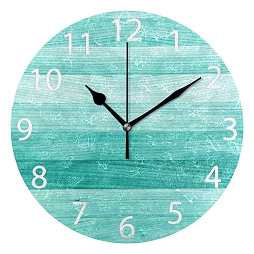 ABLINK Teal Turquoise Blue Wood Deck Round Wall Clock, Silent Non Ticking Oil Painting Home Office School Decorative Clock Art