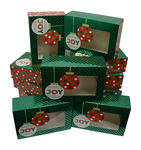 Christmas Cookie Gift Boxes; rectangle with clear window; Ornaments design with premium metallic hot-stamp stripes and polka-dots; set of 12 boxes