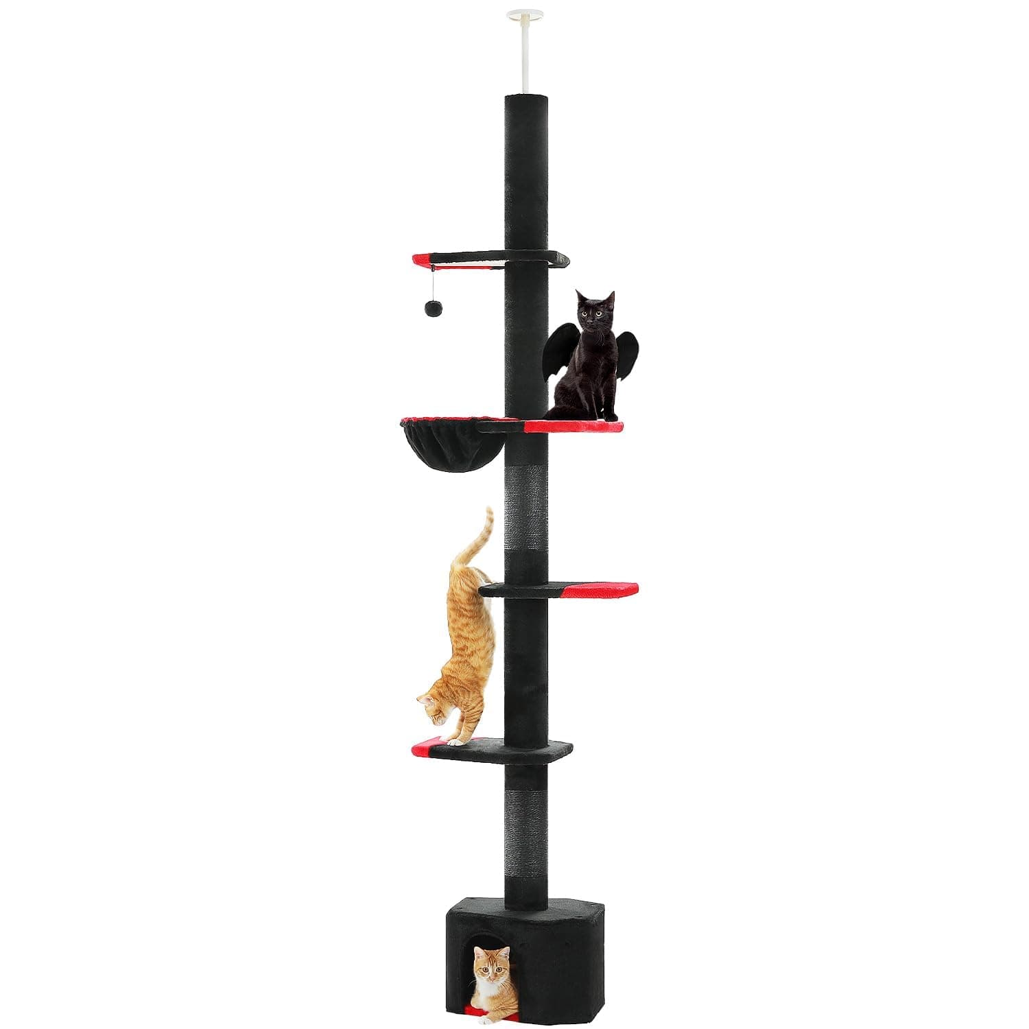 PAWZ Road Gothic Cat Tree, Floor to Ceiling Cat Tower with Adjustable Height (86.8-120 Inches), 5 Tiers Black Cat Condo with Cozy Hammock, Fully Scratching Posts and Dangling Balls for Indoor Cats