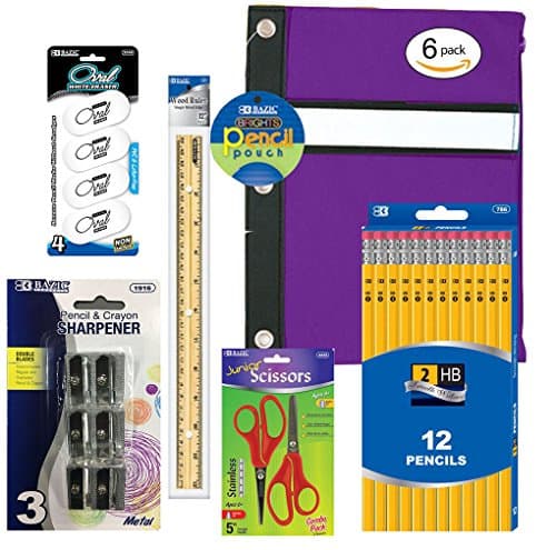School Supplies Bundle - Package Includes 12 #2 Yellow Pencils, 1 Pencil Case (Colors May Vary), 4 Erasers, 3 Double Metal Sharpeners, 1 12" Ruler & 2 Scissors (Colors May Vary) Total 6 Items / 23 Units