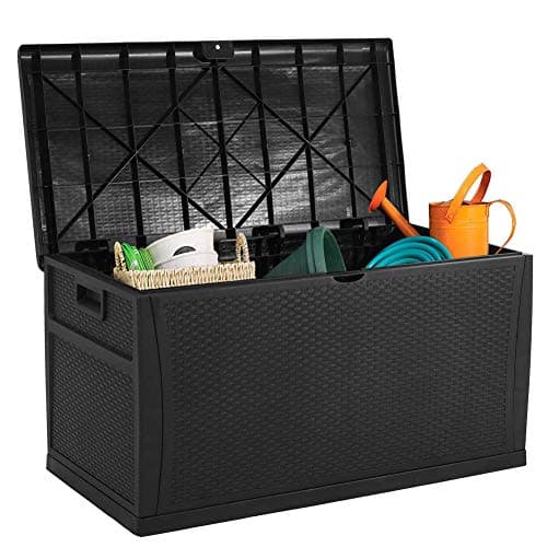 120 Gallon Patio Deck Box Outdoor Storage Container Decorative Wicker Pattern Garden Furniture Rattan Cabinet, Black