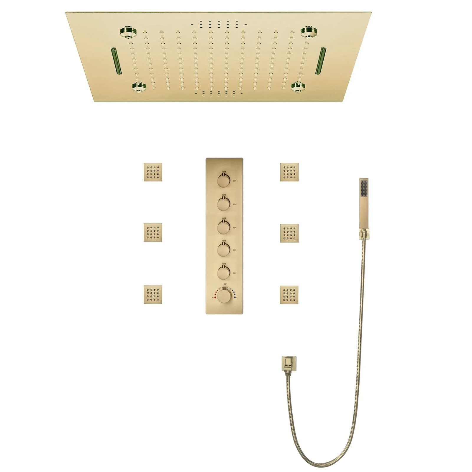 Brushed Gold Thermostatic Remote Controlled Waterfall Mist Rainfall Led Shower System With Body Jets And Hand Shower (Style 1- Touch Panel Light)