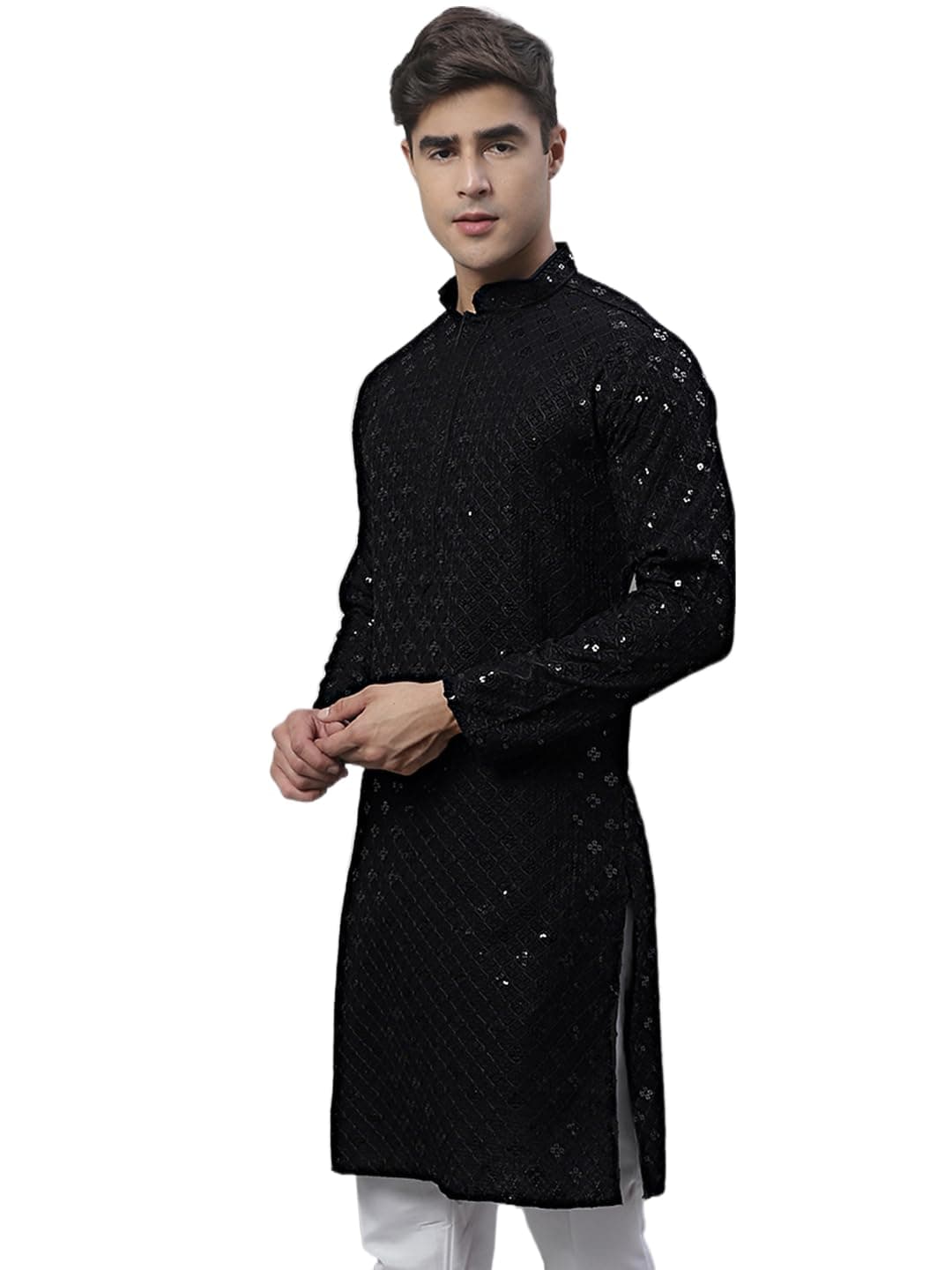 Men's Kurta with Chikankari Embroidery and Sequins (Only Kurta)