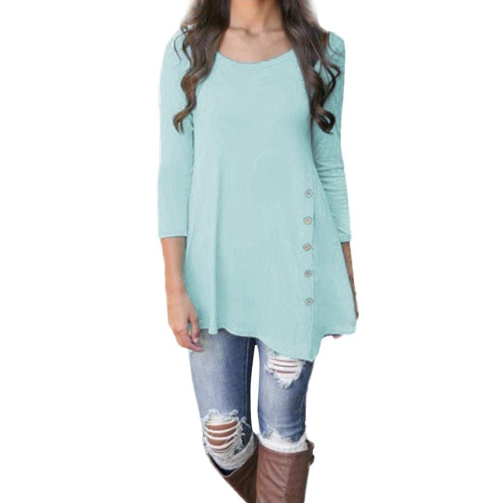 Long Tunic,Women's Pullover Loose Button Trim Blouse Tops T-Shirt