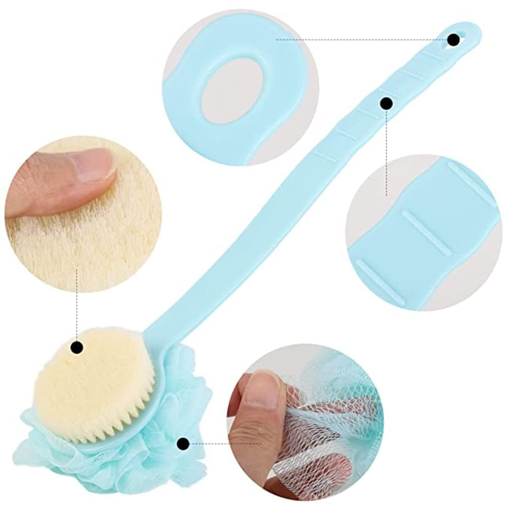 MosQuick® Double sided Loofah Back Scrubber Long Handle Shower Body Brush with Soft Mesh Sponge for Women men Skin Exfoliating Bath, Massage- set of 2