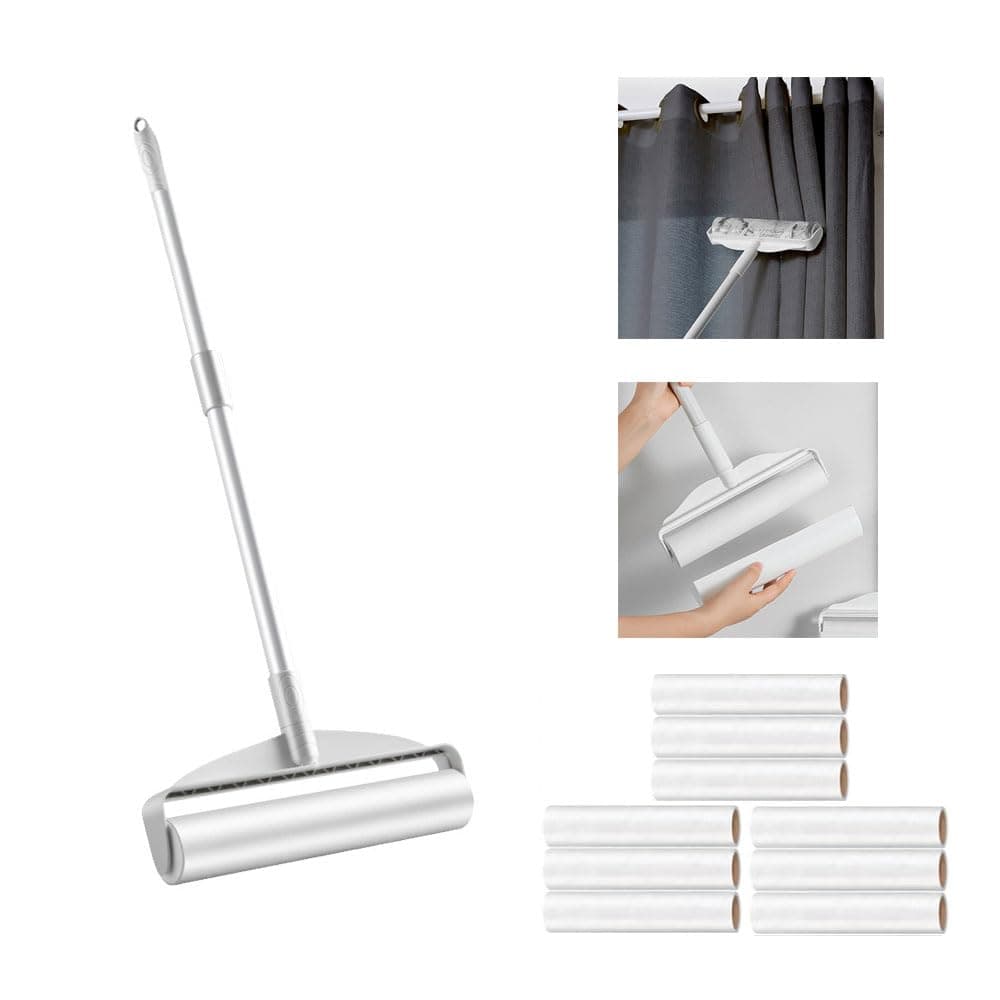 Lint Remover Reusable Lint Roller with 9 Refiils & Long Handle 50~90CM Adjustable Pet Hair Remover Sticky Dust Broom with Retractable Handle for Floor Carpet Bed Curtain Sofa Home Office Cleaning Tool