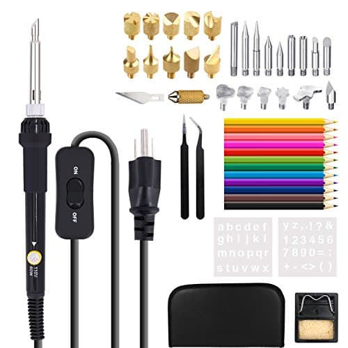 Professional level Wood Burning Kit Tool with 60W pyrography Pen with Adjustable Temp 200~450℃ and ON/OFF Switch Include Various Wood Embossing/Carving/Soldering Tips for Creative Wood Burner