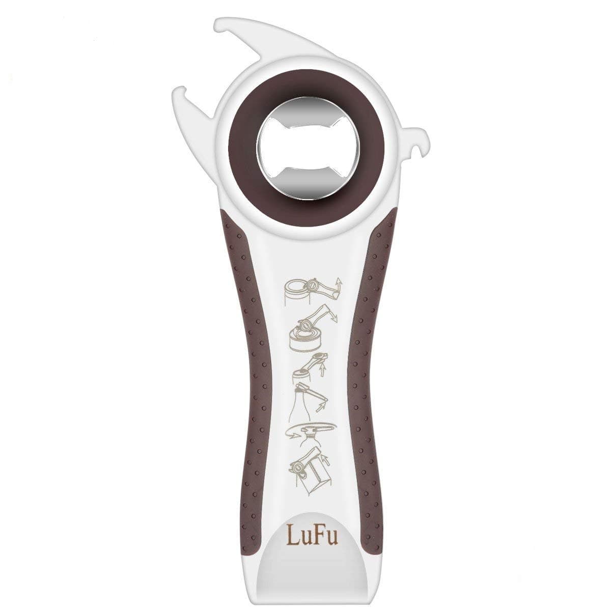LuFu Multi-function professional 6 in 1 bottle opener. Being effort-saving, safe and efficient in bottle opening, Comfortable beautiful non-slip handle with rubber coating. (Coffee)