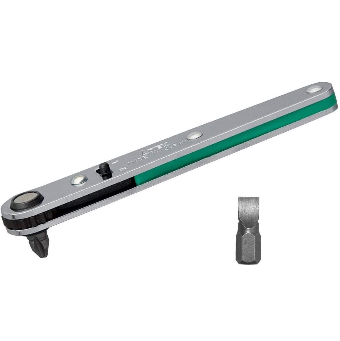 Anex Ultra Low Profile Offset Ratcheting Screwdriver 90 Degree Angled For Tight Area (Magnetic 2 Bits Set) Straight Flathead, Green