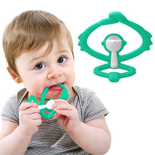 Mombella Hugging Monkey Teether Toy | Perfect for Sore Gums | Attaches to Bottles and Cups | Easy Grasp | BPA, Phthalate, PVC, Latex Free | Microwave, Sterilizer and Freezer Safe | 3M+,Blue