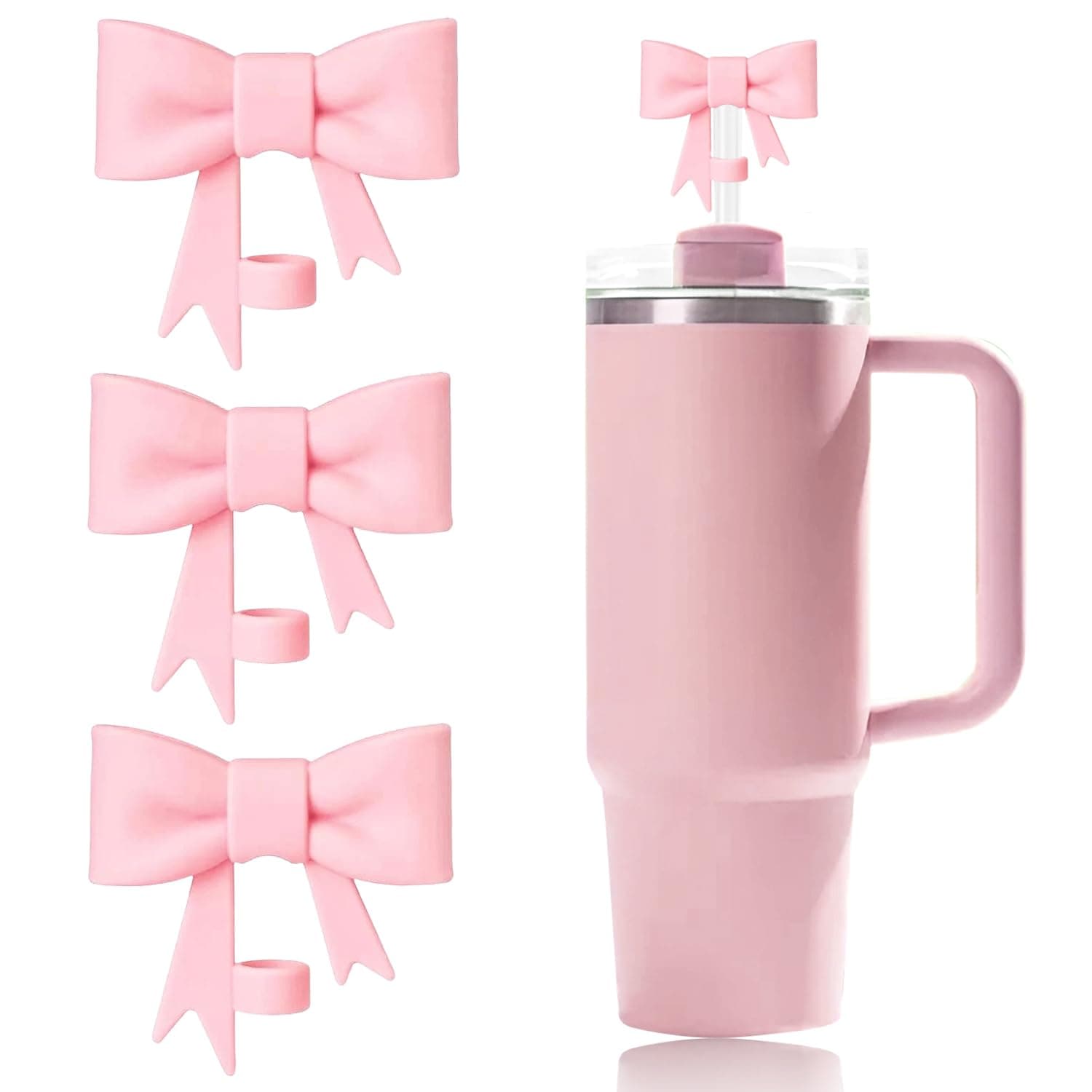 3 Pcs Pink Bow Straw Covers Cap Toppers Compatible with Stanley 30&40 oz Tumbler Cups, 10mm Reusable Silicone Straw Toppers for Stanley Cups Straw Accessories(Pink)
