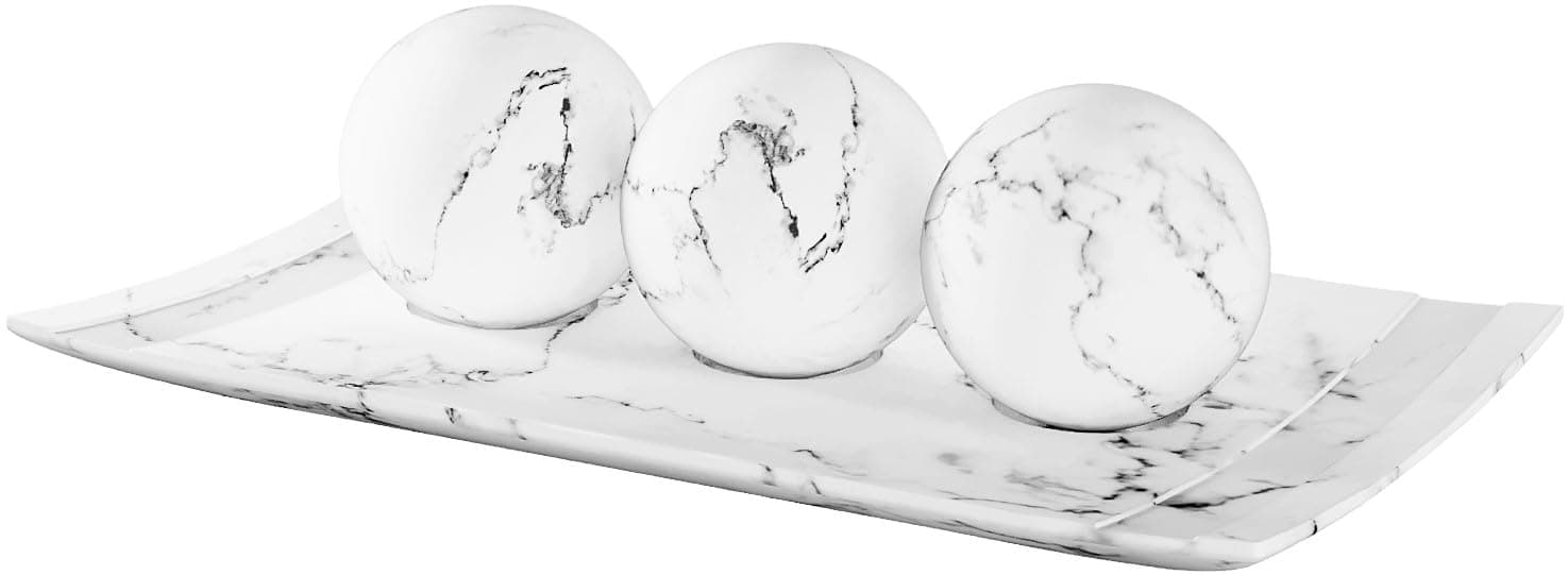 White Home Decor Tray and Orb Set Coffee Table Decor for Living Room Centerpiece Table Decorations for Dining Table, Kitchen Counter, Foyer, Entryway Decor Elegant House Decoration (Marble Look)