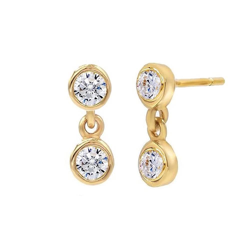 Double Bezel Drop Stud Earrings, 14 Karat Gold Filled, Stud Earrings, Minimalist, Bezel cubic zirconia, Black bezel, Sapphire bezel, Gift (Gold- Clear Bezel)