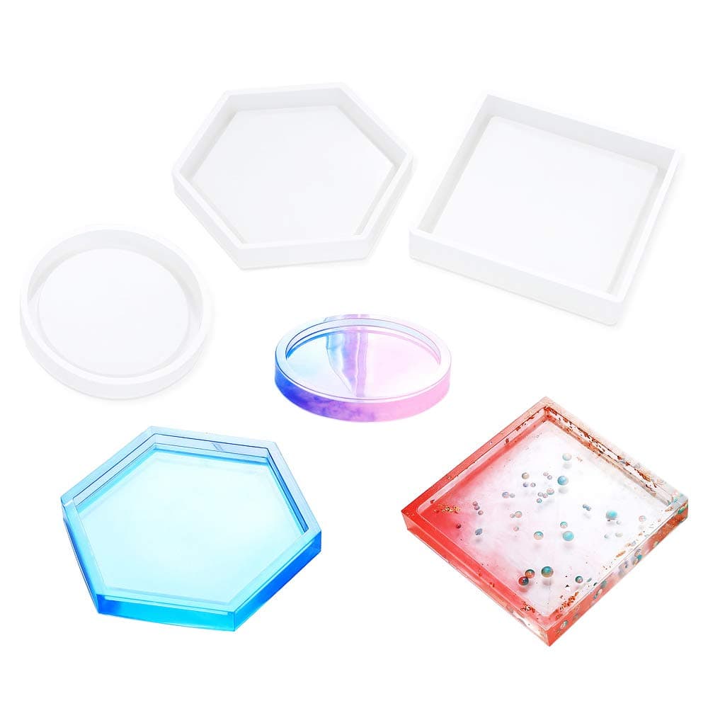 ETSAMOR 3 pcs Coaster Silicone Molds Round Hexagonal Square Resin Casting Kit Resin Mold for Coaster Bowl Mat Resin DIY Art Supplies Casting Molds