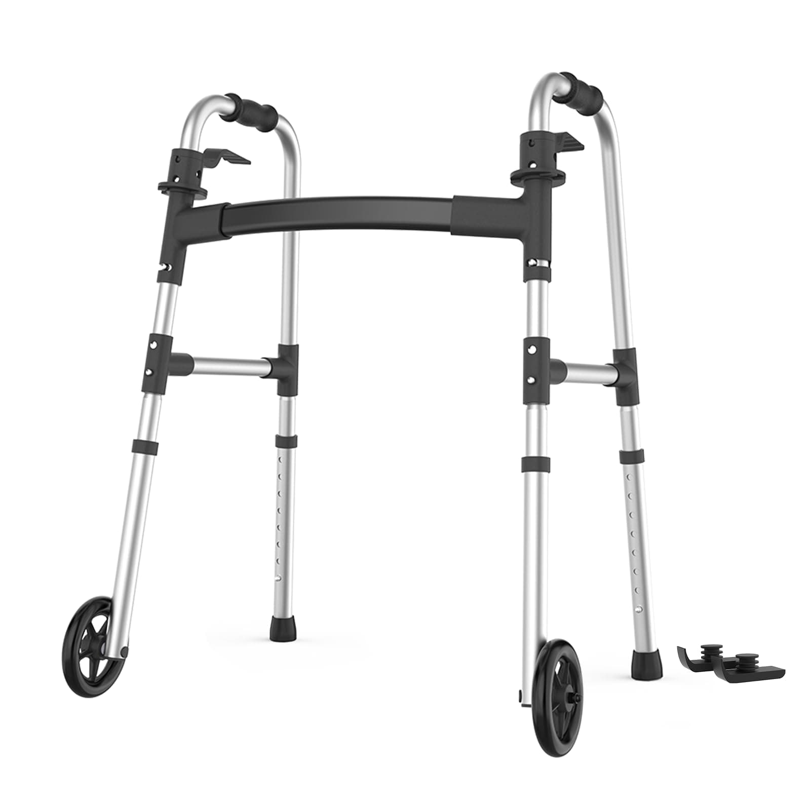 Walkers for Seniors, Folding Walker with Ski Glides 5'' Front Wheel Medical Lightweight Walker Height Adjustable Aluminum Standard Walker for Handicap and Adults (Silver)