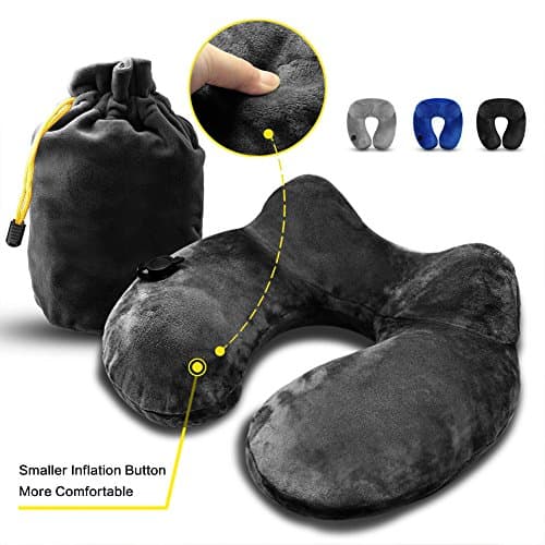Push-Button Inflatable Travel Pillow TraPal Cervical Neck Support Pillow for Airplanes with Carry Bag, Washable and Soft Micro-Velvet Fabric(Black)