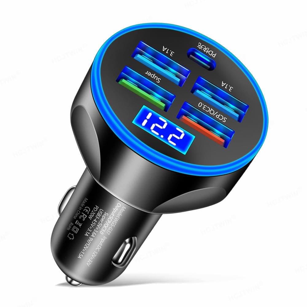 5-in-1 Multi-Port USB C Car Phone Charger with Voltage Display, 250W Super Fast Charge Cigarette Lighter USB Charger for iPhone/Android/Samsung/iPad Pro and More (Black)