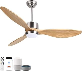 Wood Ceiling Fan 52 Inch with LED Light & Remote Control, 3 Reversible Natural Timber Blades 6 Speeds, 3 Color Temperature Changeable, Quiet DC Motor for Living Room, Bedroom - Silver/Burlywood